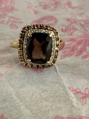 ✨ 14K Gold Cushion-Cut Smoky Quartz Double Halo Chocolate-Champagne Diamond Sz9